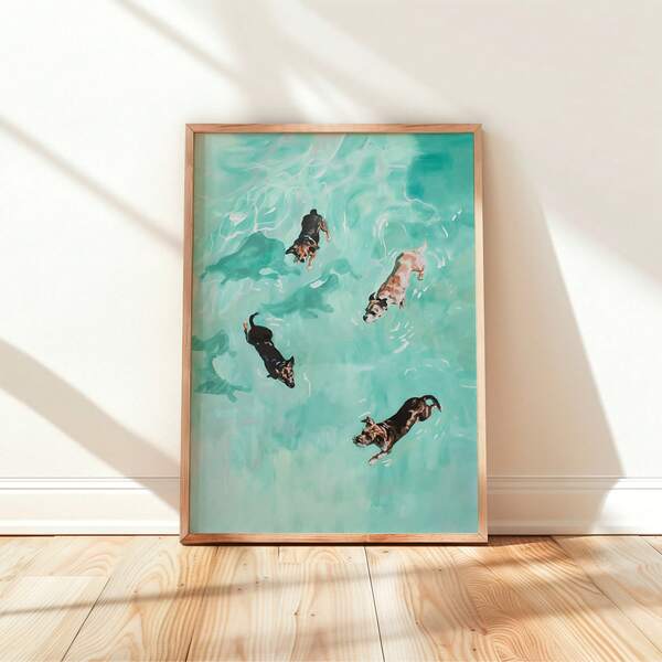 1pc Frameless Summer And Dog Pool Blue Tone Funny Canvas Wall Art - Playful Pet Decor For Apartment, Living Room, Bedroom, Modern Home Decoration, Room Decor Bedroom, Decoration Bedroom, Prints For Wall, Posters, Party Decor & Best Gift Choice