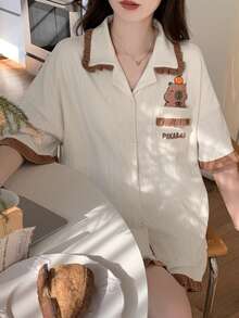 2件組女款睡衣家居套裝，水豚印花短袖上衣與短褲，舒適時尚，適合春夏居家休閒 - 香檳色 - 查看 9
