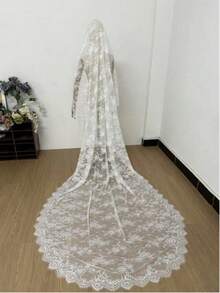 New Luxury Elegant Long Train Single Layer Lace Handmade Floral Bridal Wedding Veil - White - View 3