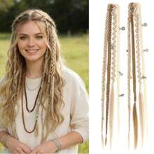 2pcs/Set Women's Clip-In Braided Hair Extensions, 20 Inch With Beads And Charms, Handmade Synthetic Bohemian Style Hair Pieces, Suitable For Cosplay, Renaissance Fair, 8 Strands - 彩色 - 查看 11