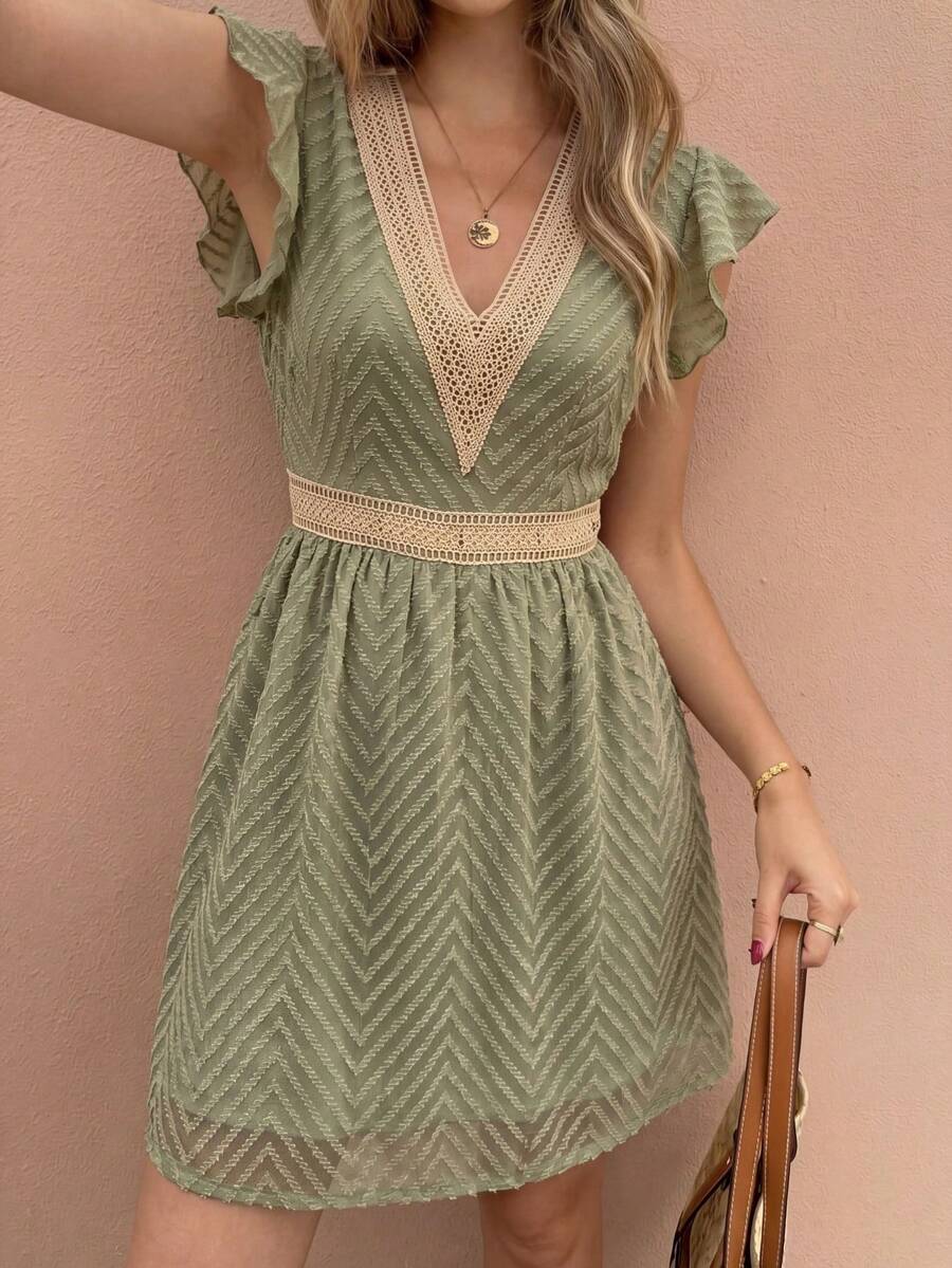 Women's Lace Patchwork V-Neck Ruffle Sleeve Chiffon Mini Dress, Bohemian Style A-Line Casual Summer Holiday Dress, Green Elegant - Green - View 1