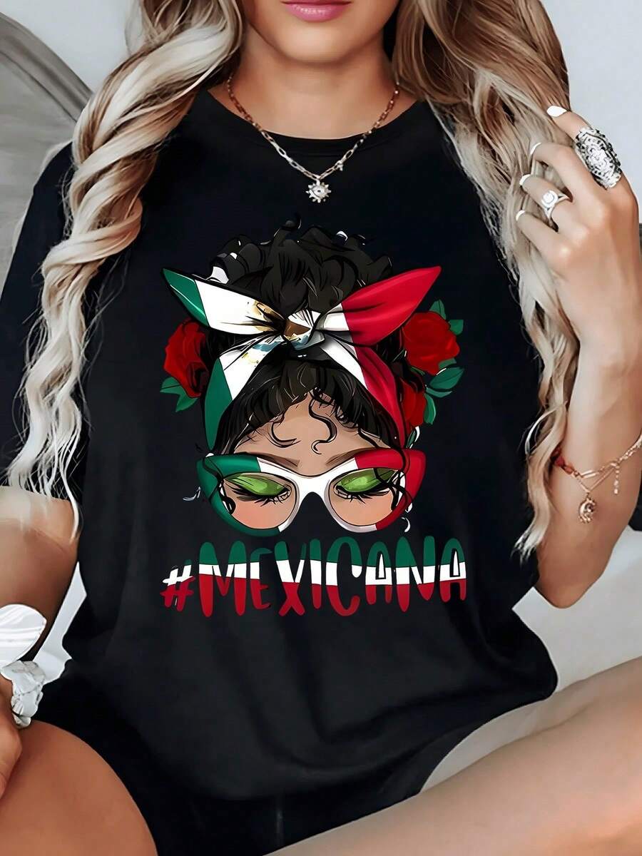 Red And Green Roses Alongside A Ribbon In The Colors Of The Mexican Flag Symbolize Pride And Love For Mexico. Women's T-Shirt, 100% Cotton, 180g - 黑色 - 查看 1