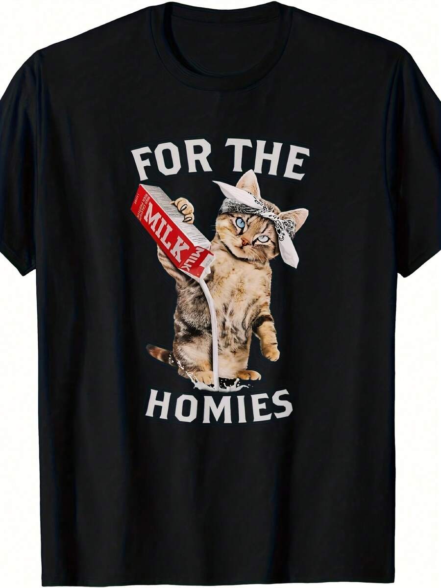 Nyaste modellen 2026 T-shirt för män och kvinnor "Funny Milk Cat & Friends" - 100% bomull, slim-fit, rundhalsad tröja med sött nostalgiskt tryck, avslappnad streetwear för alla årstider - Populär presentidé - Svart - Visa 1