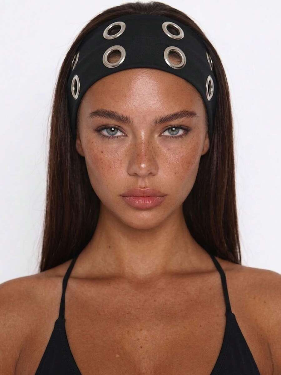 Punk Gothic Style Black Metal Eyelet Headband, Wide Elastic Non-Slip Hair Hoop, Suitable For Yoga Sports, Cool Metal Rivet Daily Fashion Women's Hair Accessory