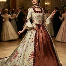 Elegant Victorian Vintage Floral Print Evening Gown, Long Bell Sleeve Rococo Palace Dress, Renaissance Masquerade Ball Gown For Women, Formal Party Prom Dress - 淺棕色-1 - 查看 2