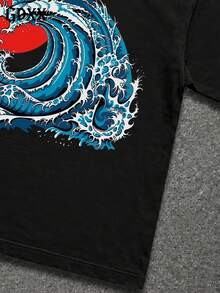 Plus-Size Great Wave Hokkaido Surf Design Graphic T-Shirt, 100% Cotton Soft, Casual Streetwear Tee,Harajuku Ukiyo-E Tee,Gift For Men - 黑色 - 查看 4