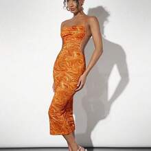 Nana's Women's Clothing Store   Vestido De Punto Sin Espalda Para Mujer Con Estampado Fluido - Naranja - Ver 4