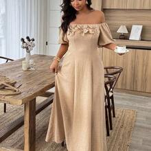 yonghongmaoyi1  Vestido de línea A con hombros descubiertos y ribete de contraste en la cintura, adecuado para uso diario y vacaciones, talla grande, primavera/verano - Marrón - Ver 6