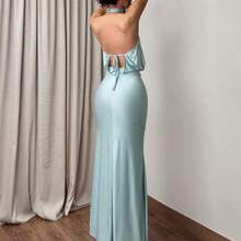 LunaCass8  Vestido elegante y digno de invitada de boda con elástico, vestido largo fruncido de cuello halter con tela brillante - Rosa Pálido - Ver 8