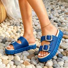 Fashio Mesh Sandals With Buckles. Double-Strap Open-Toe Design Plus Non-Slip Platform Sole. All-Day Comfort For Daily Wear, Beach And Hawaii Getaways - 藍色 - 查看 4