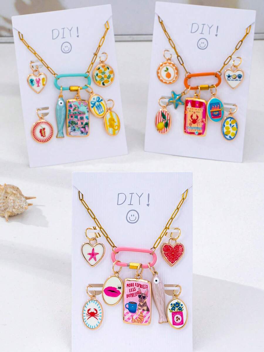 1 Set Customizable DIY Pendant Necklace Set - Detachable Colorful Enamel Pendant With Stainless Steel Chain, DIY Multi-Layer Fashion Jewelry - Multicolor - View 1