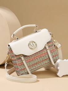 Retro Minimalist Printed Crossbody Bag With Adjustable PU Strap, Flap Closure, New Year - Khaki - View 2