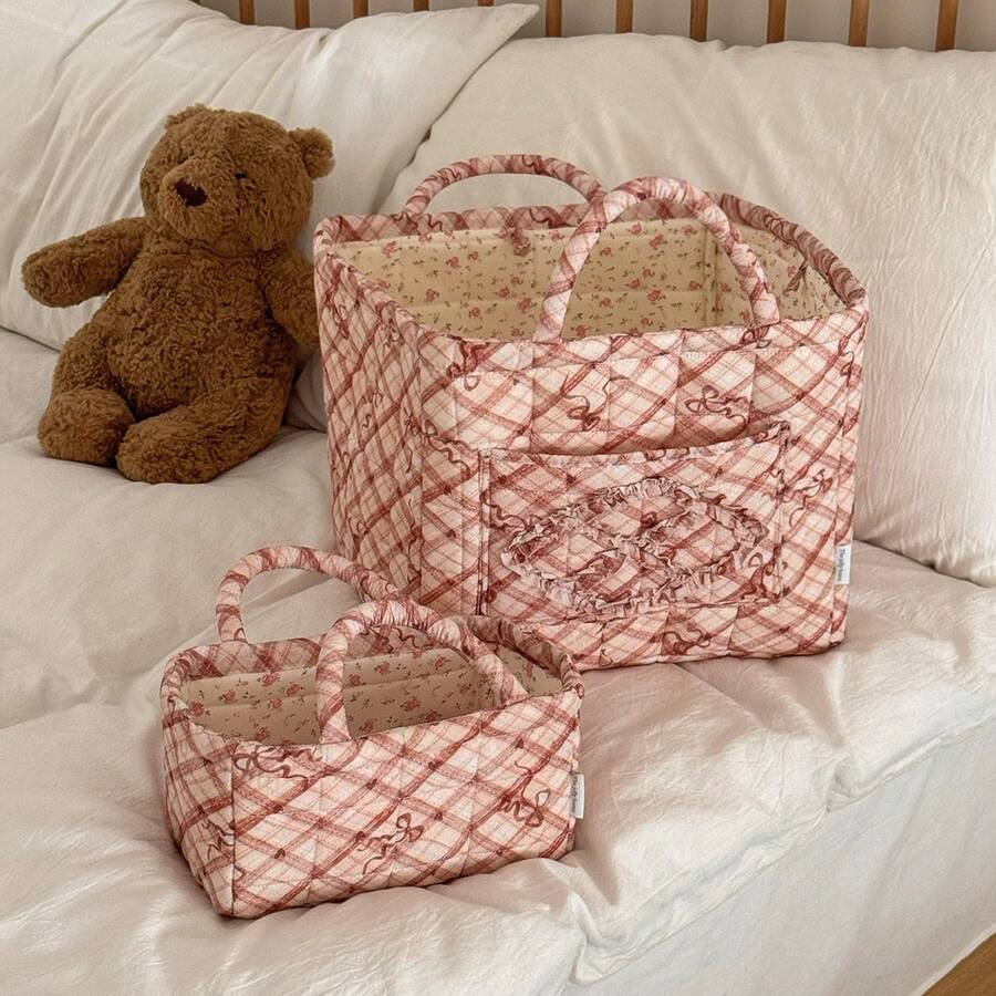 Quilted Diamond Bowknot Storage Basket, Large And Small Sizes, Handheld Desktop Organizer Bin - Red - View 1