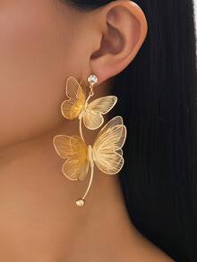 1 Pair Lightweight Luxury Summer Beach Vacation Gold Double-Layer Butterfly Hollow Metal Line Elegant Tassel Women's Earrings - Yellow Gold - View 1