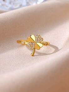 1pc Luxury Zirconia Inlaid Ring, 18K Gold Plated Open Band, Bowknot Four-Leaf Clover Design Jewelry, Daily Commute Dating Gift - Yellow Gold - View 3
