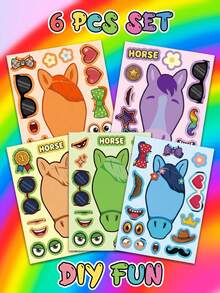 1/2/6 Sets"Build Your Own Horse" Sticker Kit, 6 Sheets Interactive DIY Horse Face Stickers , Whimsical Make-A-Horse Sticker Sheets, Suitable For Birthday Parties, Craft Nights, Party Favors, Educational Activities & Family Fun - Multicolor - View 2