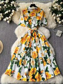 Elegant Women's Floral Print Dress With Short Sleeves, Lapel Collar, And Fitted Waist - Romantic Rose Design, Perfect For Spring Outings, Garden Parties, And Casual Events | Garden Party Dress | Floral Print Dress | Stylish Dress - 橘色 - 查看 2