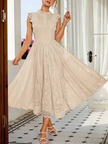 Women's Wedding Guest Dress, New And Elegant Fan-Shaped Lace Flared Dress, Retro Sleeveless Lace Dress, Suitable For Wedding Bridesmaid Dress, Evening Party, Casual Romantic Dates - 灰藍色 - 查看 3