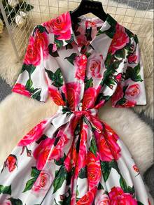 Elegant Women's Floral Print Dress With Short Sleeves, Lapel Collar, And Fitted Waist - Romantic Rose Design, Perfect For Spring Outings, Garden Parties, And Casual Events | Garden Party Dress | Floral Print Dress | Stylish Dress - 灰藍色 - 查看 3