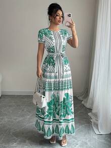 Vestido de Moda Oriental con Estampado Floral y Cinturón Ajustable para Mujer, Escote Redondo - Negro mate - Ver 4