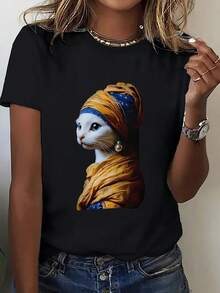 Camiseta de Manga Corta Divertida con Diseño Creativo de un Gato Juguetón con Aretes de Perlas. Esta Camiseta Casual de Moda para Mujer es una Prenda Estilosa y Única con Cuello Redondo Cómodo. Ideal como Regalo y una Opción Transpirable y Cómoda para Deportes - Negro - Ver 1