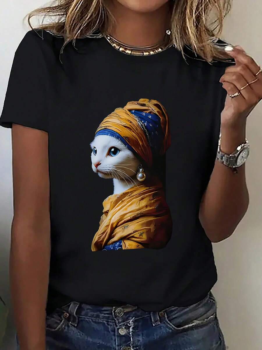 Camiseta de Manga Corta Divertida con Diseño Creativo de un Gato Juguetón con Aretes de Perlas. Esta Camiseta Casual de Moda para Mujer es una Prenda Estilosa y Única con Cuello Redondo Cómodo. Ideal como Regalo y una Opción Transpirable y Cómoda para Deportes - Negro - Ver 1