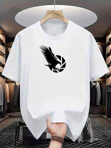 Nueva camiseta casual versátil y elegante de manga corta% algodón estampada - Camiseta moderna para hombre con estampado de águila y patrón geométrico - Camiseta casual transpirable en blanco y negro para fitness, oficina y uso diario - Camiseta de cuello redondo con emblema de águila blanca, lavable aáquina, como regalo para hombres - Estilo unisex. - Negro - Ver 6