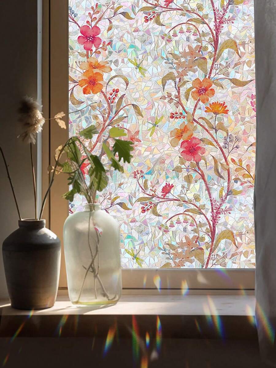 1 Roll Watercolor Floral Bird Window Film, 44.5cm(17.5in) Width, Static Cling Non-Adhesive Privacy Glass Sticker, Iridescent Holographic Prism Effect, UV Blocking, Removable, With Installation Tools, For Home Office School Classroom Dormitory - Red - View 1