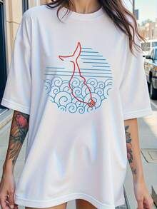 PremiumWo Minimalist Print T-Shirt - White Background With Red Ballerina Pattern, Loose Fit Casual Top For Everyday Wear, Breathable Summer T-Shirt, Wo Women's T-Shirt, Summer Fashion, Artistic Design, Comfortable Fabric, Short Sleeve T-Shirt, Summer Wardrobe Staple, Spring, Lightweight T-Shirt, Printed T-Shirt, Wo  Fashion. - 白色 - 查看 1