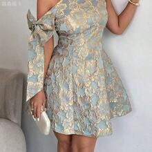 yonghongmaoyi1  Vestido mini asimétrico de hombro con cintura recogida, decoración de lazo y tela jacquard, elegante para fiesta/cita, primavera/verano - Albaricoque - Ver 6