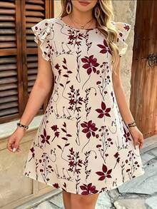 Wine Red Summer Dress With Floral Print And Ruffled Hem, Loose Fit And Festive Style With Ruffled Sleeves And Flare - 藍色 - 查看 1