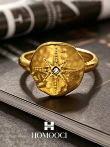 2025 新款复古不锈钢戒指，18K 镀金可调节开口戒指，八角星方晶锆石钛钢戒指，适合任何场合 - 金色 - 查看 2