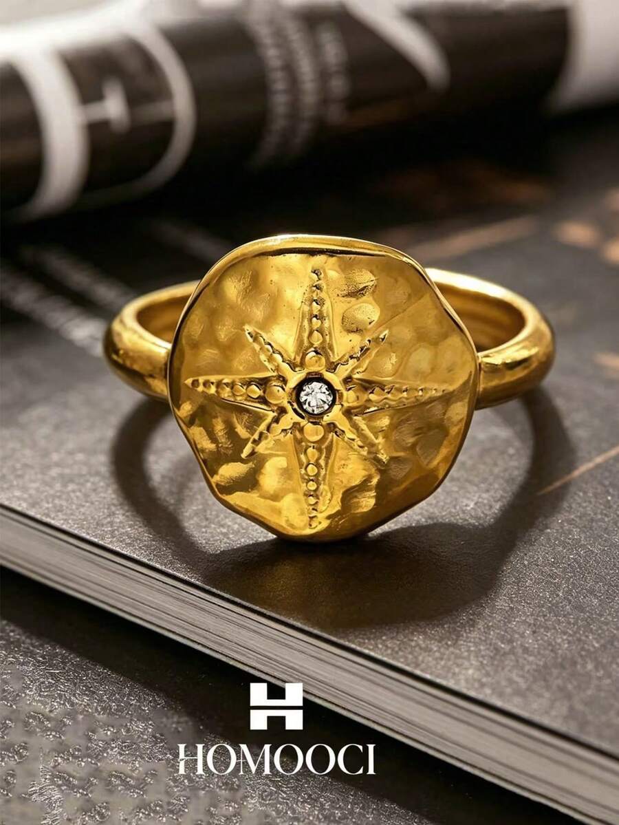 2025 新款复古不锈钢戒指，18K 镀金可调节开口戒指，八角星方晶锆石钛钢戒指，适合任何场合