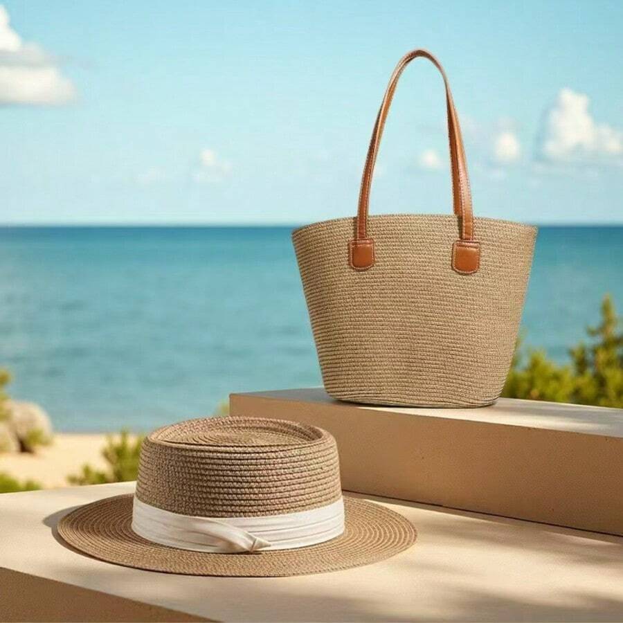 Vacation Casual 1 Straw Hat + 1 Bag - Khaki Beige Webbing - View 1