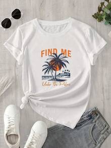 Top de mujer de manga corta y cuello redondo con estampado de palmeras, apto para todas las estaciones. - Blanco - Ver 1
