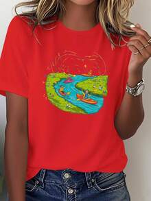 Comfortable Solid Color T-Shirt For Women With Cheerful Canoe Animal Scene Design. - 紅色 - 查看 1