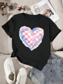 Camiseta con dise?o de corazón para mujer, oto?o, algodón premium, ajuste cómodo, transpirable, estilo street hip-hop, impresión artística - Negro - Ver 2
