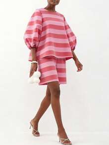 Magic Mia Striped Two-Piece Set, Puff Sleeve Loose Blouse & Matching Shorts, Casual Co-Ord For Dates, Birthday & Vacation - Pink - View 3