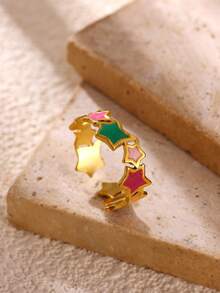 1 Pc Fashion Enamel Drip Oil Colored Star Ring For Women Stainless Steel Open Ring Summer Bohemian Jewelry Gifts - Gold - View 4