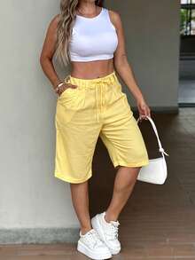 Women's Solid Color Knee-Length High-Waist Wide-Leg Casual Shorts, Summer New Lightweight Style, American Casual Style, High-Waist Design, Wide-Leg Lightweight Shorts, Summer Thin Wide-Leg Pants For Outdoor Daily Casual Wear - Yellow - View 7
