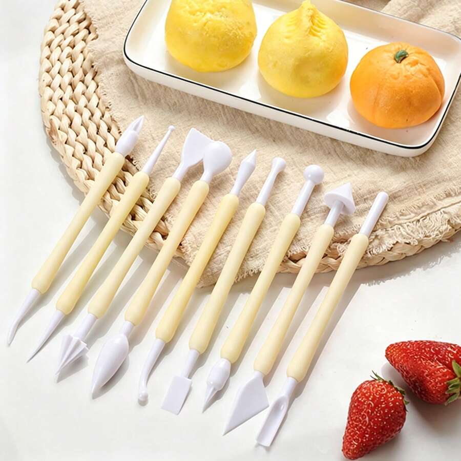 9pcs Fondant Tool Set Includes 9 Double-Ended Tools, 1 Sculpting Pen, 1 Cream Cake Carving Pen, Fondant Decorating Tools, Suitable For Kitchen DIY Cream Baking Tools - White - View 1
