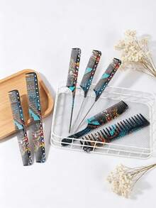 6Pcs Dragon Tattoo Print Hair Comb Set, Wide Tooth & Fine Tooth Rat Tail Combs For Braiding, Sectioning & Styling - Multicolor - View 2