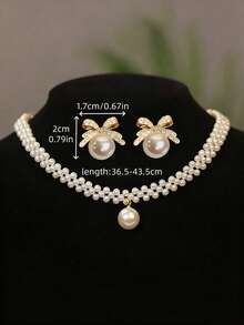 1 Set Kalung Rajut Minimalis Elegan dengan Pita Rhinestone & Anting Mutiara Imitasi, Set Perhiasan Mewah yang Indah, Cocok untuk Pernikahan, Pesta, Festival, dan Pemakaian Sehari-hari untuk Wanita - MultiWarna - View 5