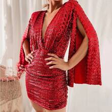 Vestido de lentejuelas con cuello en V, estilo europeo y americano, novedad de otoño 2026, vestido corto ajustado irregular, vestido de fiesta. - Albaricoque - Ver 4