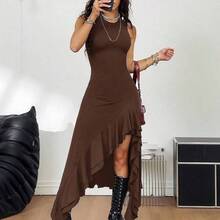 dahkjdgajy  Vestido sin mangas con volantes en el bajo, unicolor, corto por delante y largo por detrás, atuendo bohemio para conciertos - Marrón - Ver 2