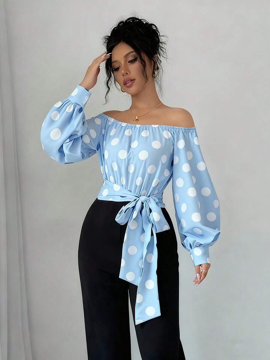 Elegant Women's Off-Shoulder Blouse With Polka Dots And Front Bow - Puff Sleeves, Round Neck, White, Machine Washable, Ideal For Casual Or Semi-Formal Wear In All Seasons - 藍天 - 查看 1