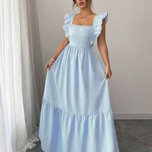 Vestido casual de mujer con cuello cuadrado, estampado de rayas y dobladillo con volantes DG - Azul - Ver 5