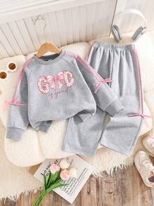 Sudadera de cuello redondo y pantalones con decoración de lazo para niña preadolescente - Gris - Ver 1