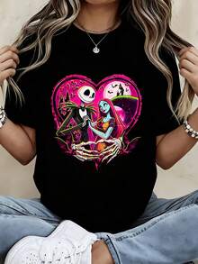 Disney Crew Neck  T Shirt Black Jack Skellington And Sally Heart Design For Casual Wear - Black - View 2