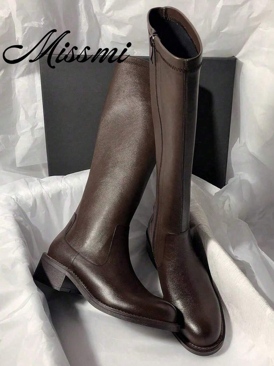 2025 New High-Top Elastic Mid-Heel Versatile Knee-High Thick Sole Riding Boots For Women - Brown - View 1